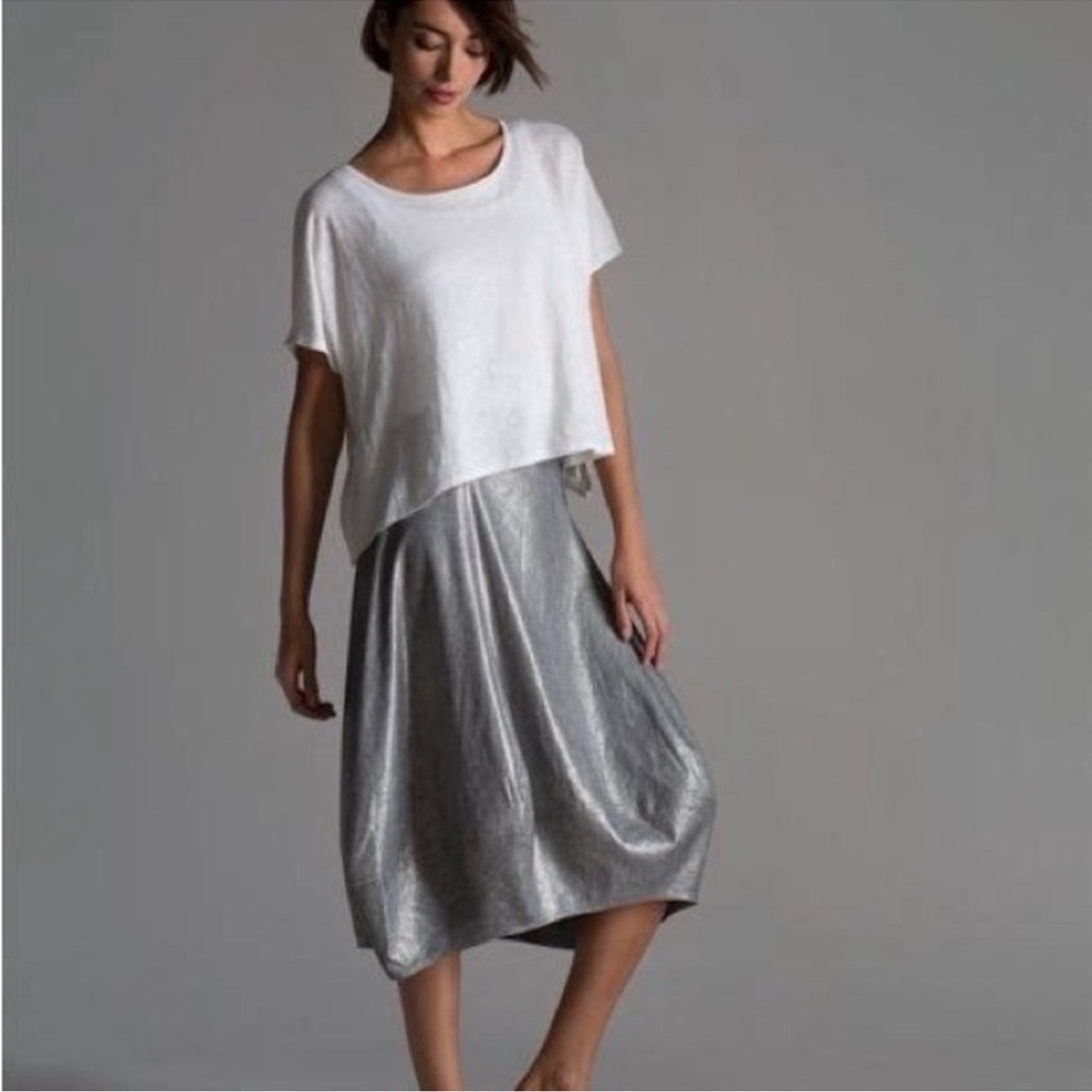 NWOT Eileen Fisher Silver Metallic Linen Blend Lantern Skirt Size L - Picture 9 of 13